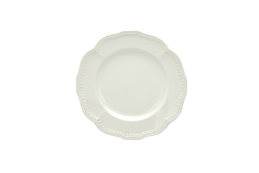 White Four Piece Round Scallop Stoneware Service For Four Salad Plate Set on a white background
