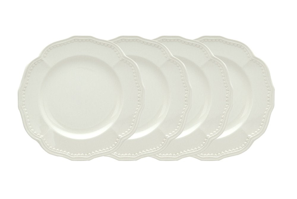 White Four Piece Round Scallop Stoneware Service For Four Salad Plate Set on a white background