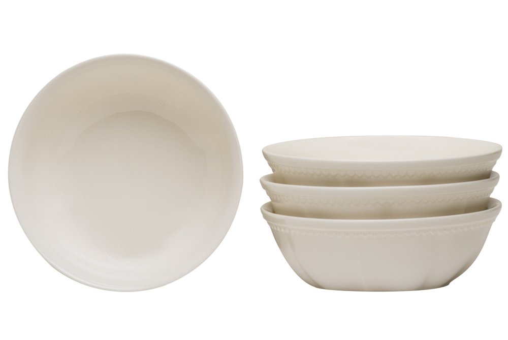 White Four Piece Round Scallop Stoneware Service For Four Bowl Set on a white background