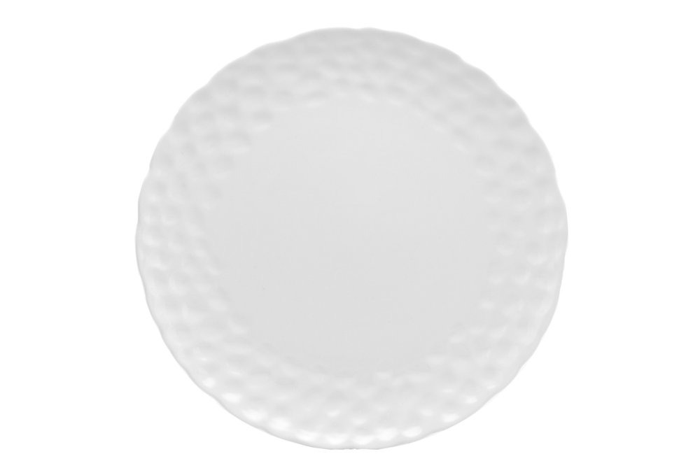 White porcelain dinner plate with a pebbled texture around the rim, set against a white background.