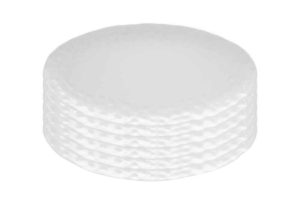 White Six Piece Round Pebbled Porcelain Service For Six Dinner Plate Set on a white background