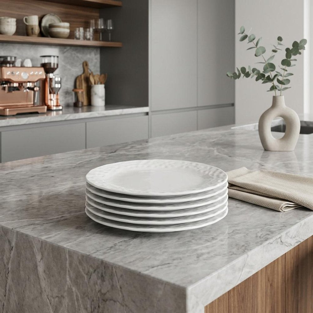 White Six Piece Round Pebbled Porcelain Service For Six Dinner Plate Set in a home interior
