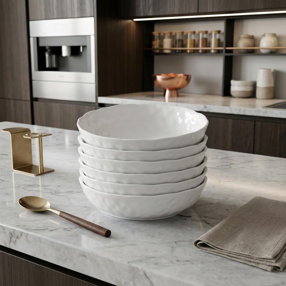White Six Piece Round Pebbled Porcelain Service For Six Bowl Set in a home interior