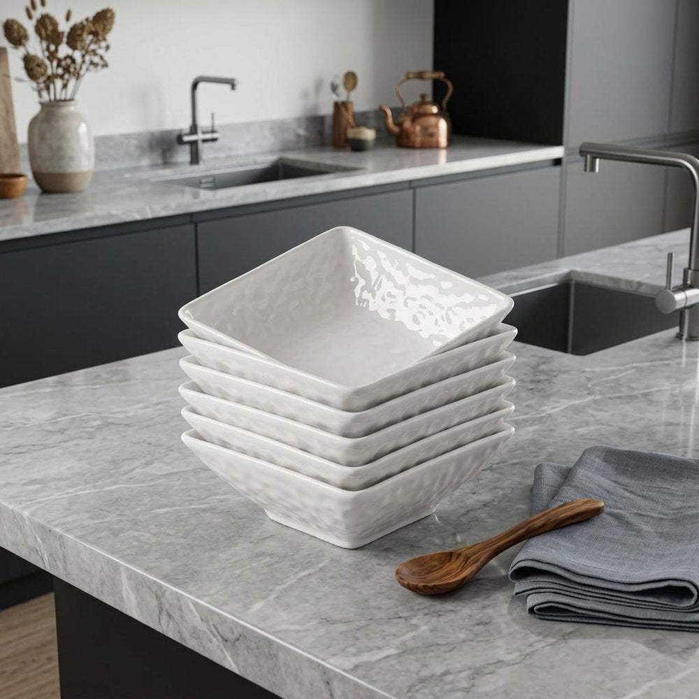 White Six Piece Pebbled Porcelain Service For Six Bowl Set in a home interior