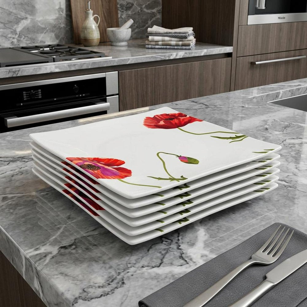 Red and White Six Piece Square Floral Bone China Service For Six Dinner Plate Set in a home interior