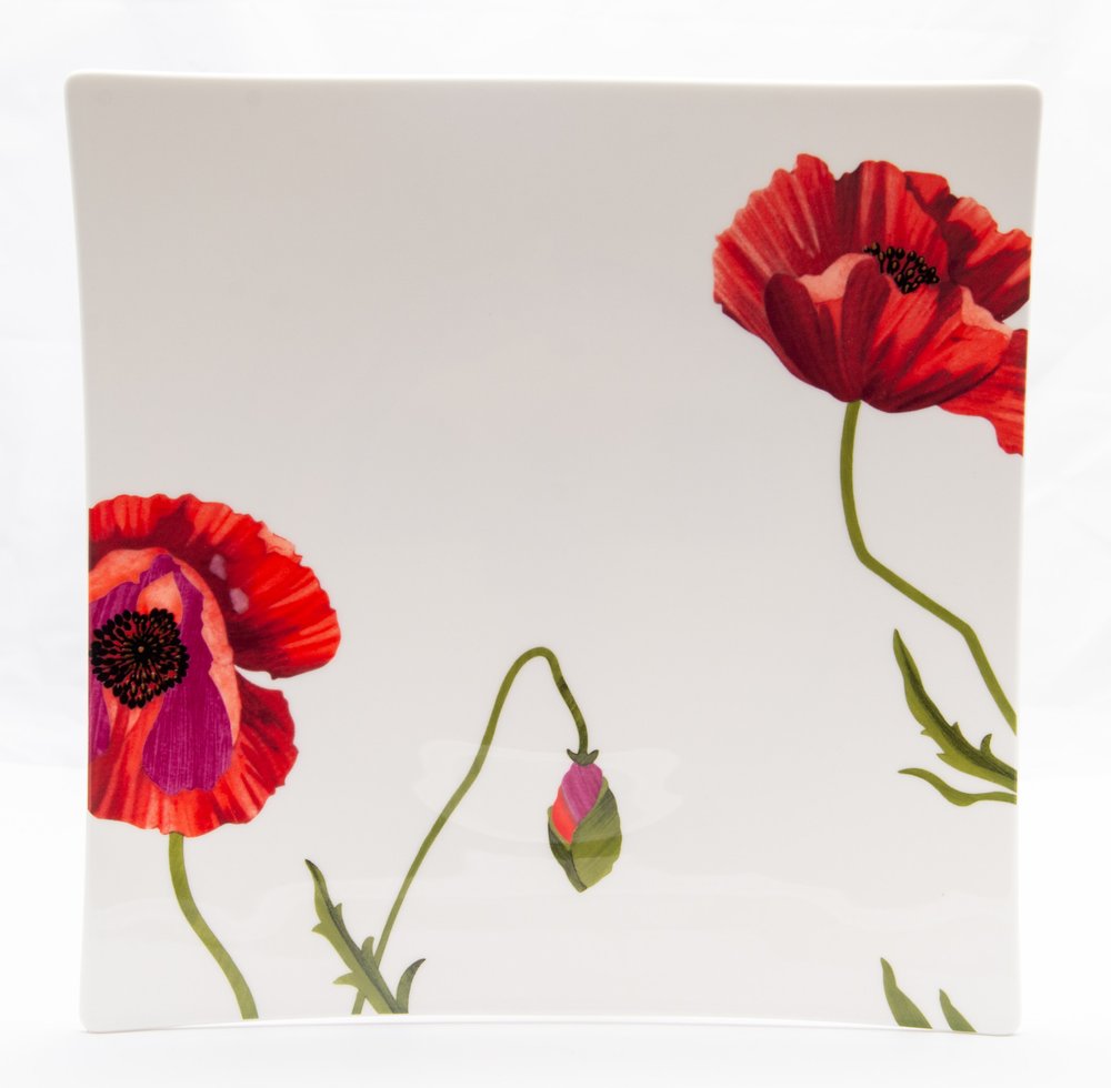 Square white bone china dinner plate with red poppies and a bud, set against a white background.