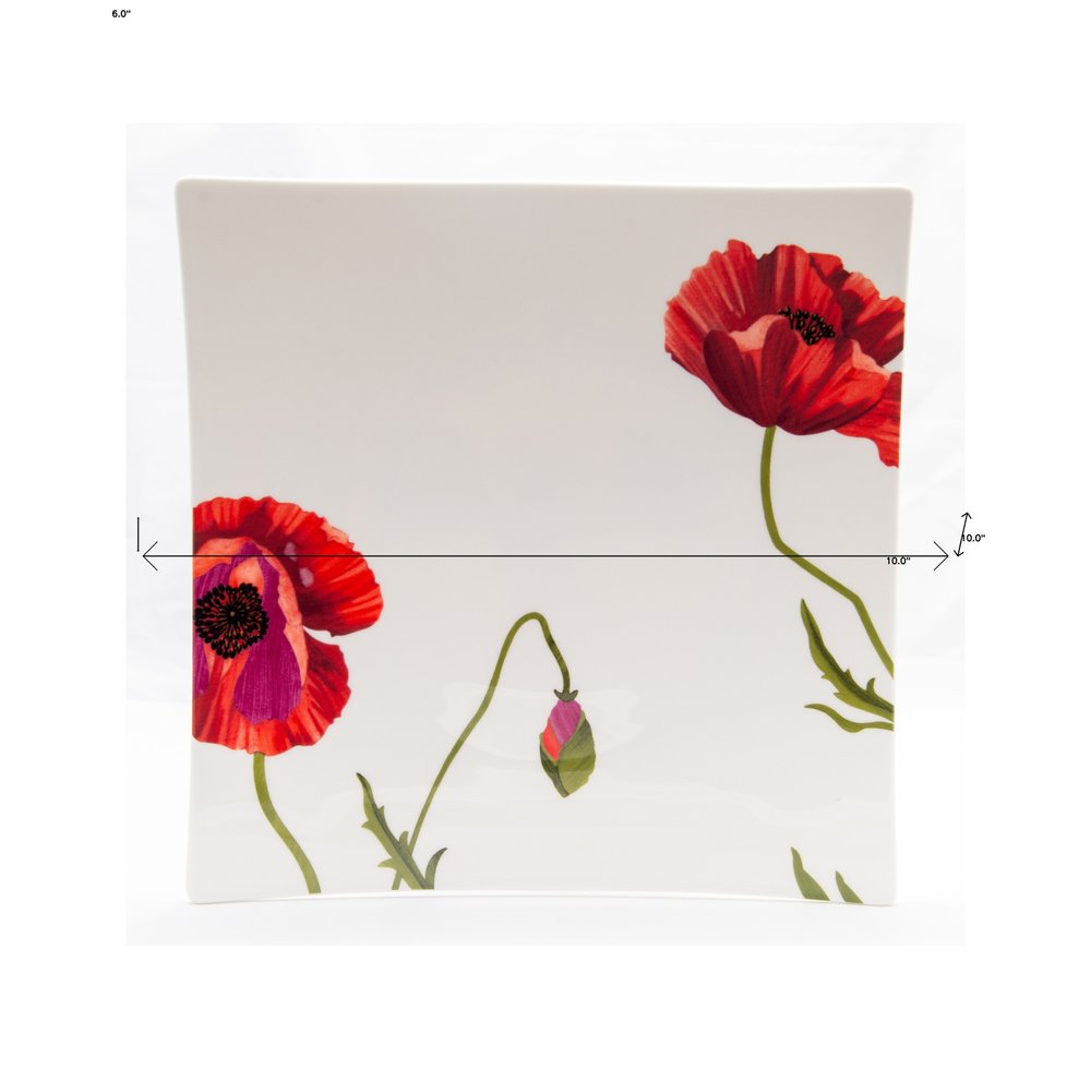 Red and White Six Piece Square Floral Bone China Service For Six Dinner Plate Set on a white background