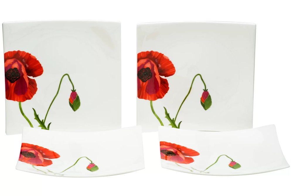 Red and White Six Piece Square Floral Bone China Service For Six Salad Plate Set on a white background