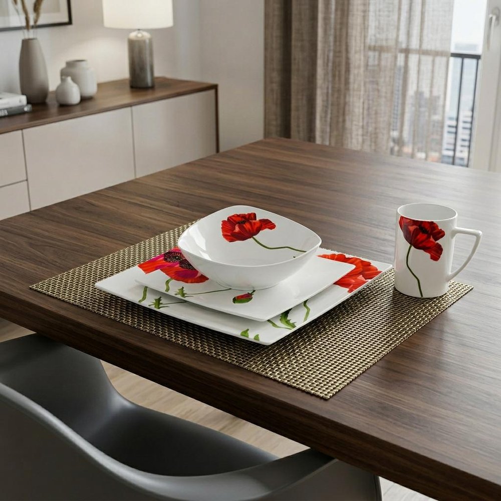 Red and White Four Piece Square Floral Bone China Dinnerware Set in a home interior