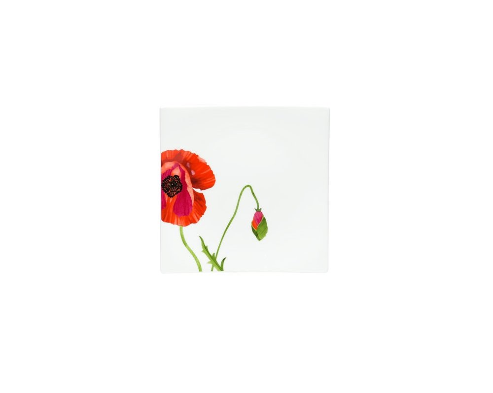 Red and White Four Piece Square Floral Bone China Dinnerware Set on a white background