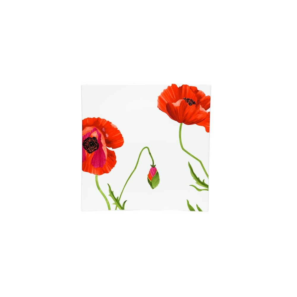 Red and White Four Piece Square Floral Bone China Dinnerware Set on a white background