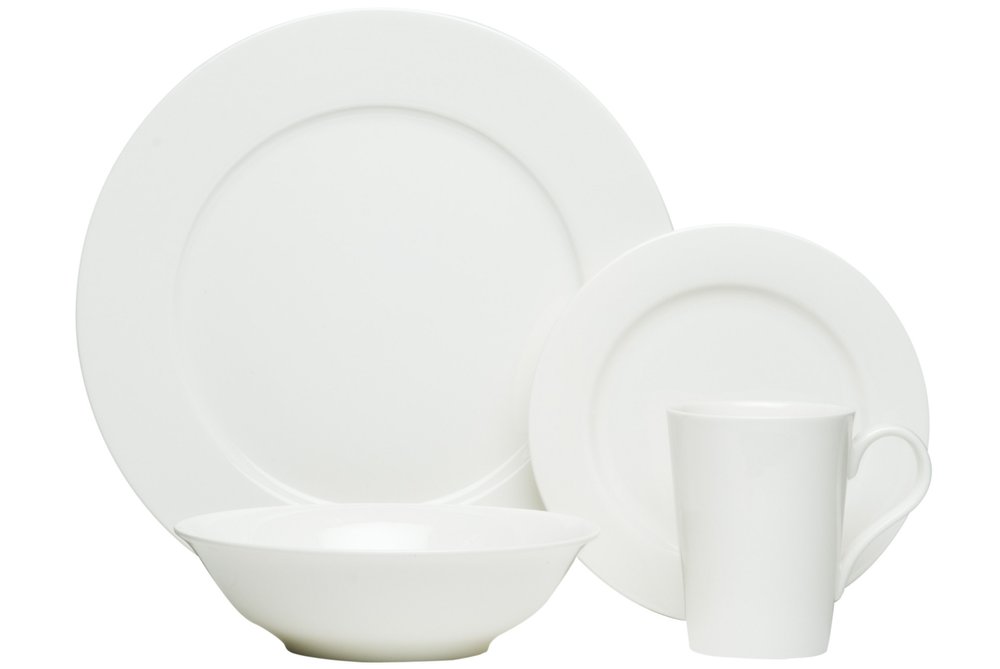 White Sixteen Piece Round Bone China Service For Four Dinnerware Set on a white background