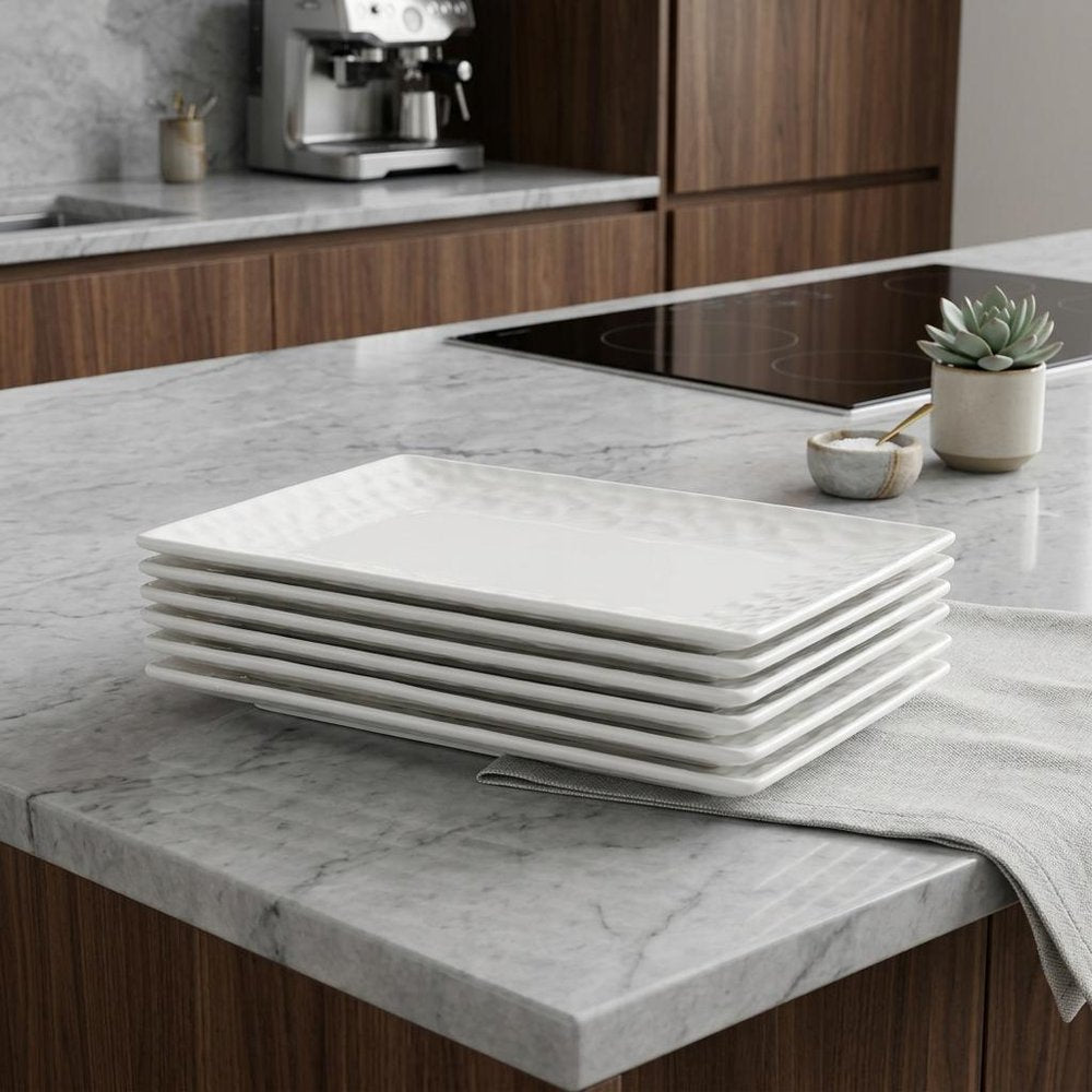 White Six Piece Rectangle Pebbled Porcelain Service For Six Salad Plate Set in a home interior