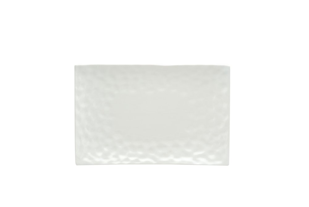 White rectangular pebbled porcelain salad plate with a textured surface on a white background.