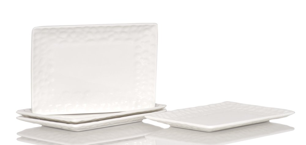 White Six Piece Rectangle Pebbled Porcelain Service For Six Salad Plate Set on a white background