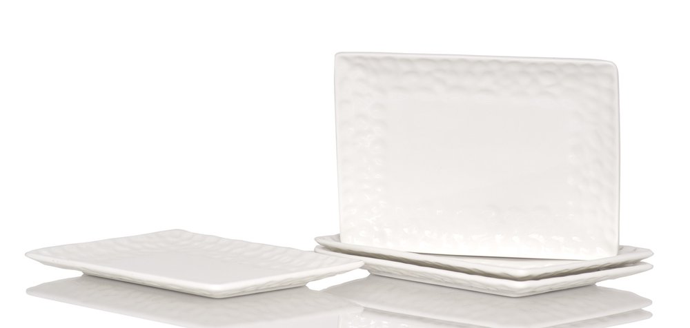 White Six Piece Rectangle Pebbled Porcelain Service For Six Salad Plate Set on a white background