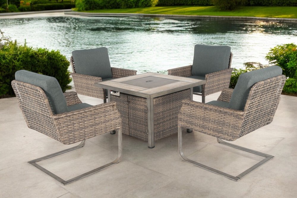 Five Piece Gray and Moss Green Wicker Upholstered Cushions Outdoor Patio Set With Fire Pit And Table
