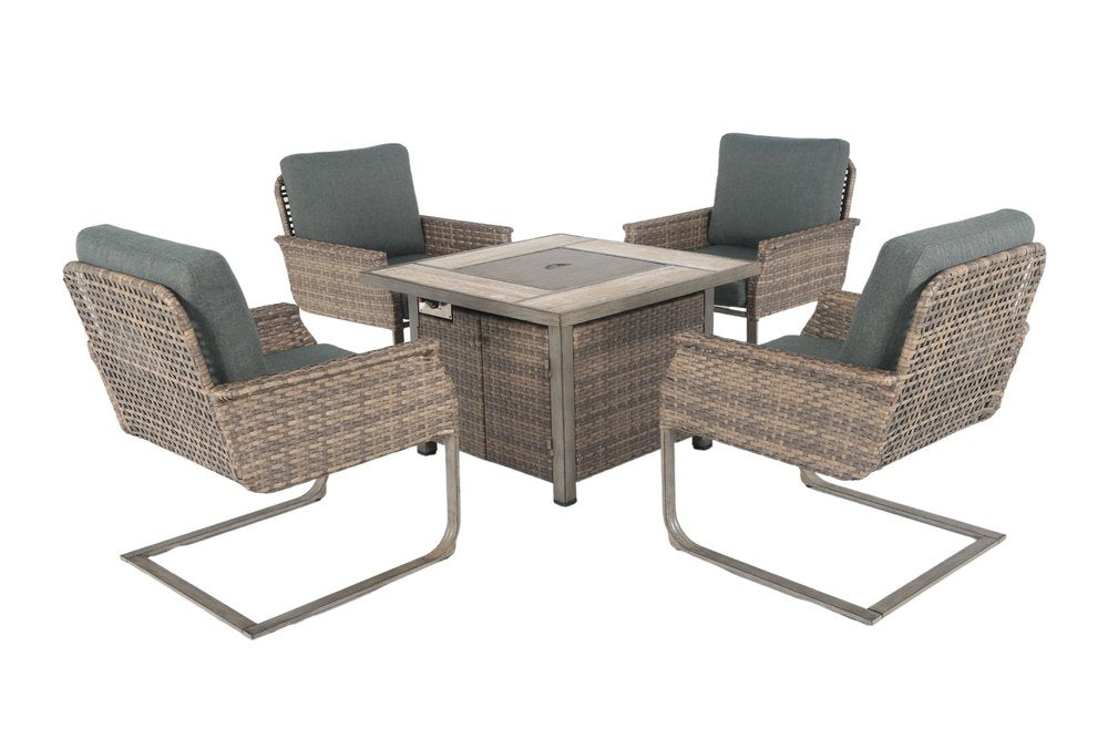 Five Piece Gray and Moss Green Wicker Upholstered Cushions Outdoor Patio Set With Fire Pit And Table