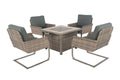 Five Piece Gray and Moss Green Wicker Upholstered Cushions Outdoor Patio Set With Fire Pit And Table