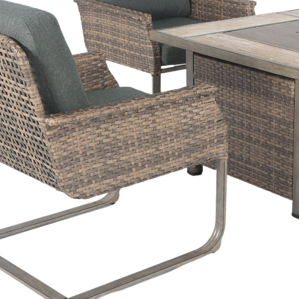 Five Piece Gray and Moss Green Wicker Upholstered Cushions Outdoor Patio Set With Fire Pit And Table