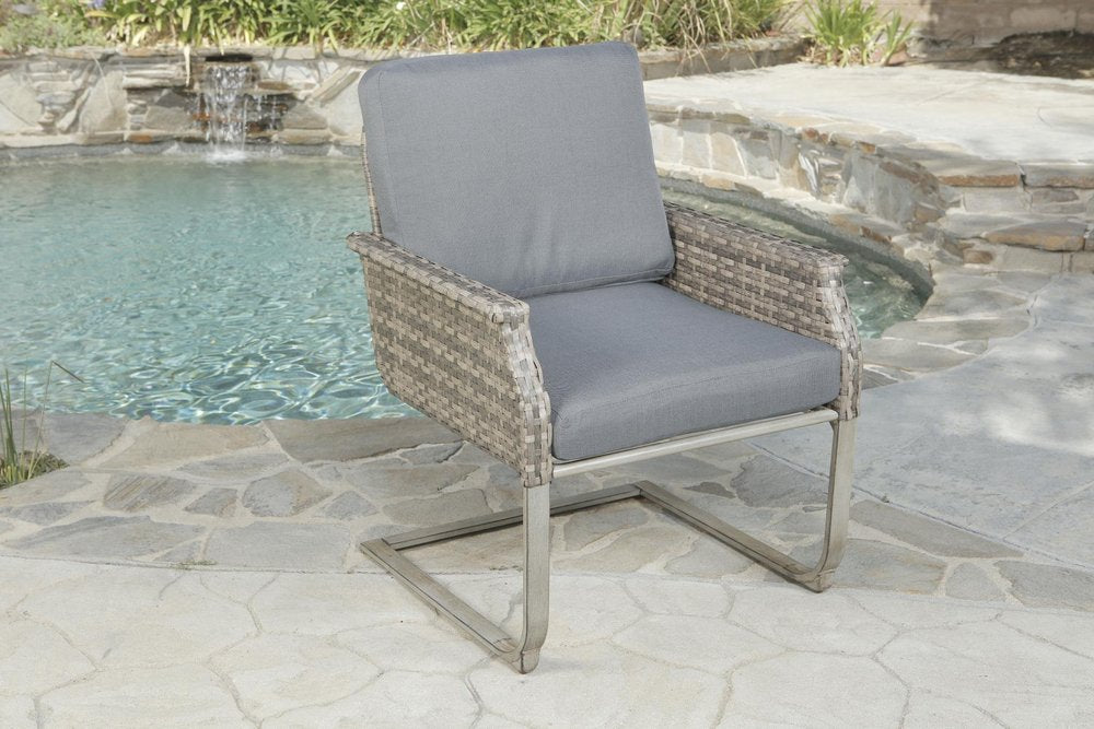 Five Piece Gray and Moss Green Wicker Upholstered Cushions Outdoor Patio Set With Fire Pit And Table
