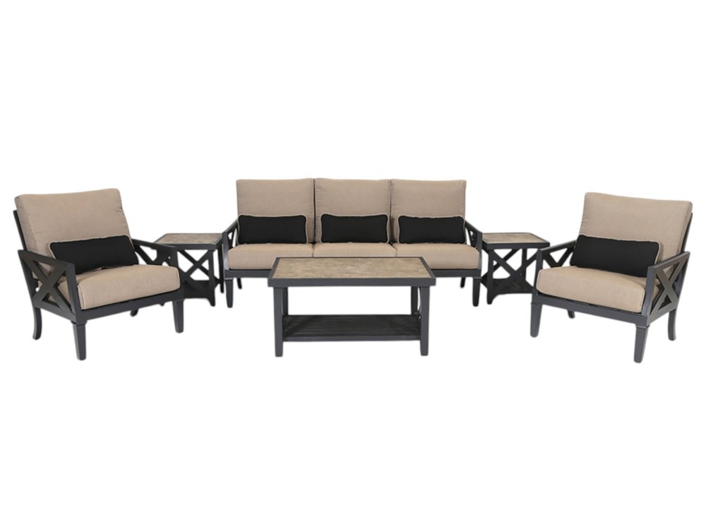 Six Piece Gray Metal Sectional Seating Group With Table