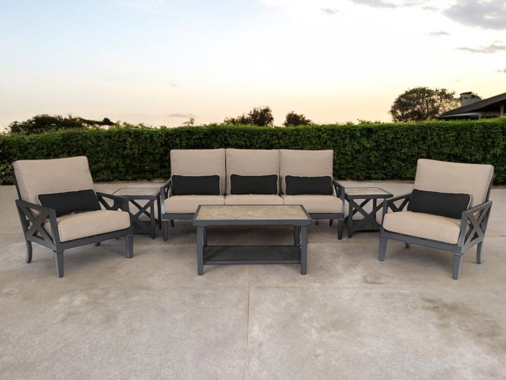 Six Piece Gray Metal Sectional Seating Group With Table close-up detail