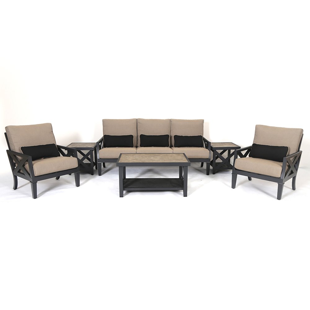 Gray metal outdoor sectional seating group with beige cushions and black pillows, includes sofa, two chairs, two side tables, and coffee table on white background.