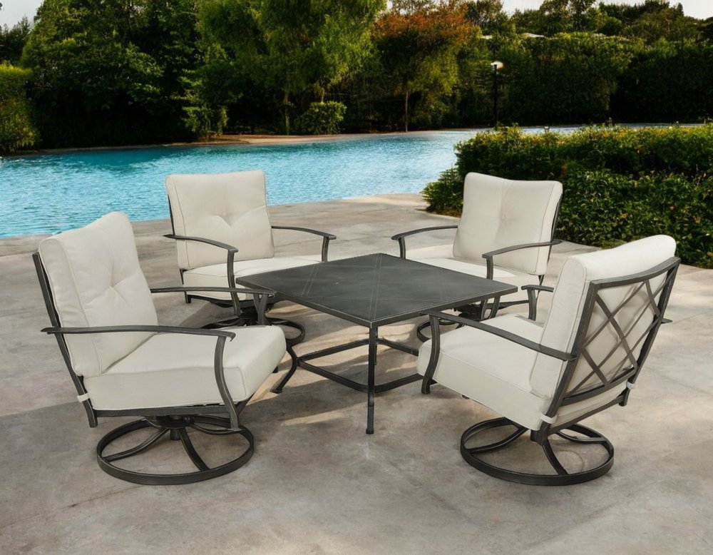 Five Piece Black and Gray Metal Outdoor Patio Set With Table