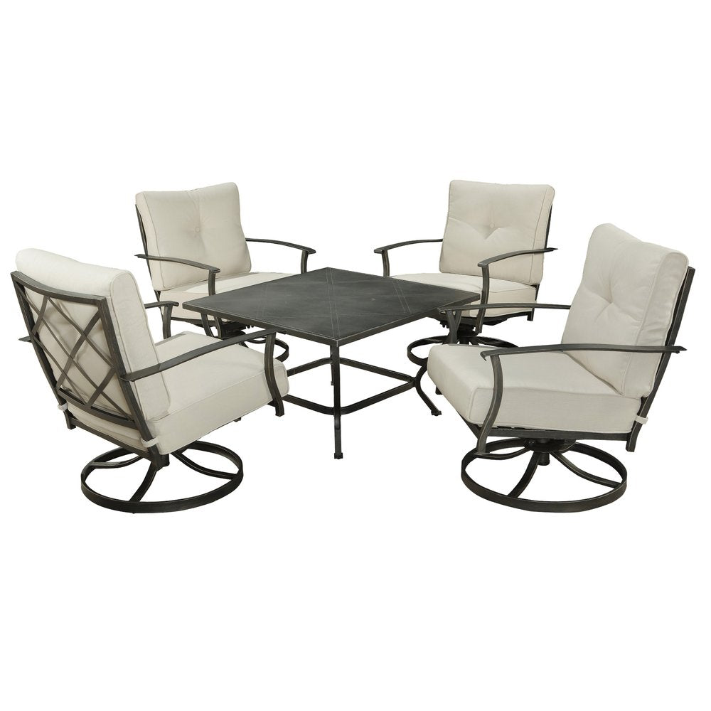 Five Piece Black and Gray Metal Outdoor Patio Set With Table
