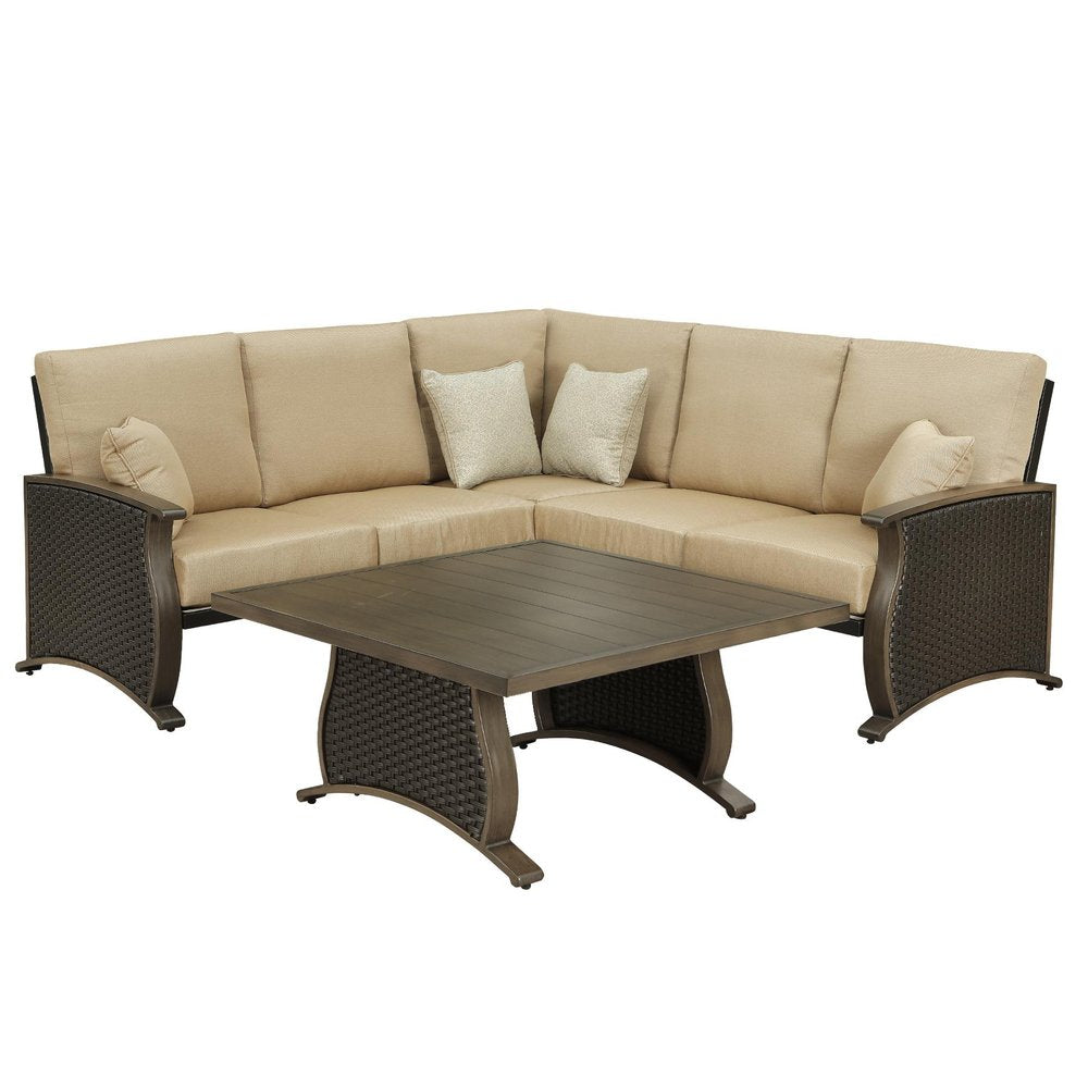 Two Piece Brown and Tan Metal Sectional Seating Group With Table on a white background