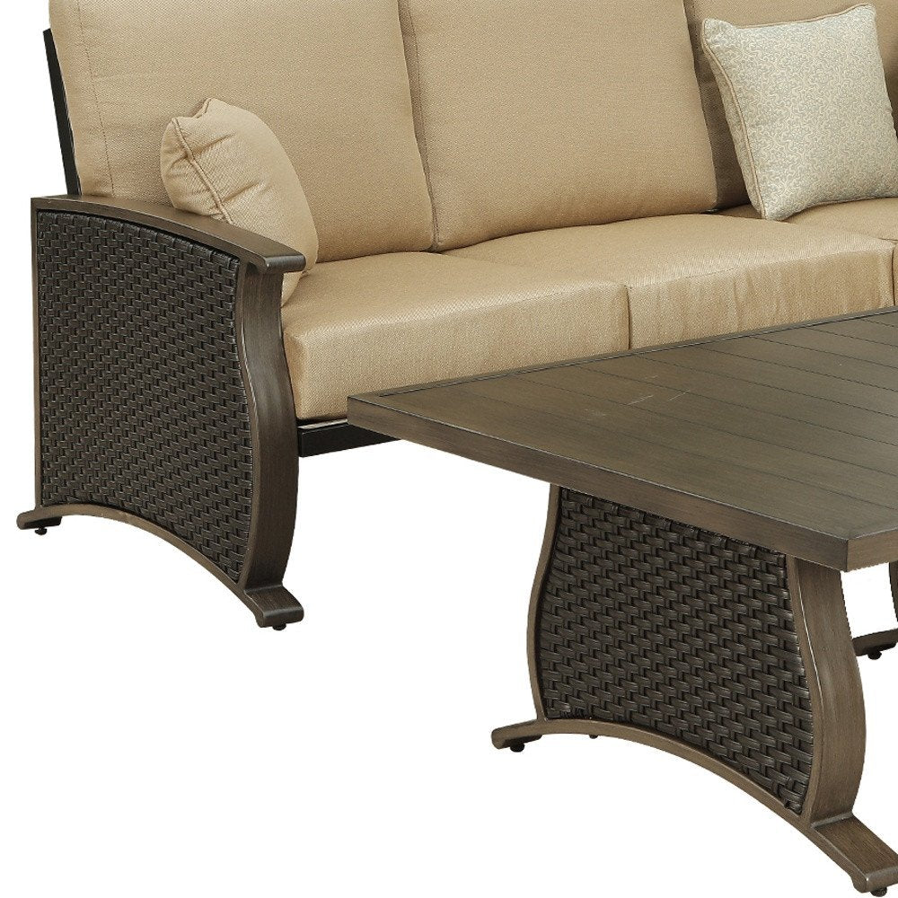 Two Piece Brown and Tan Metal Sectional Seating Group With Table