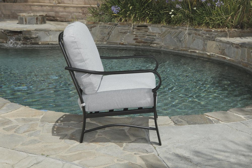 Four Piece Black and Light Gray Metal Outdoor Patio Set With Table