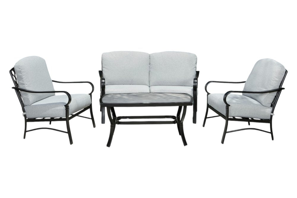 Four Piece Black and Light Gray Metal Outdoor Patio Set With Table