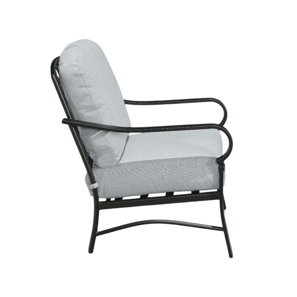 Four Piece Black and Light Gray Metal Outdoor Patio Set With Table
