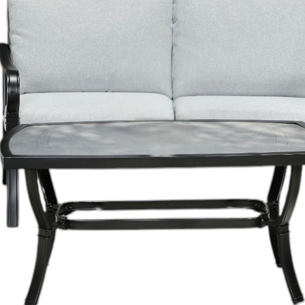 Four Piece Black and Light Gray Metal Outdoor Patio Set With Table