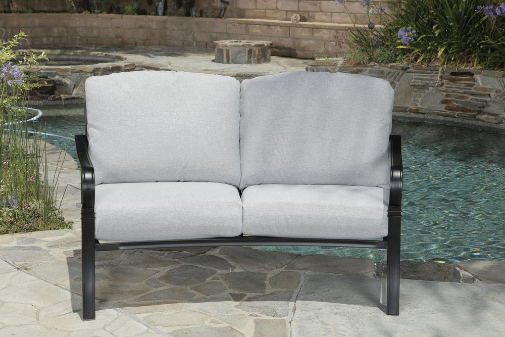 Four Piece Black and Light Gray Metal Outdoor Patio Set With Table