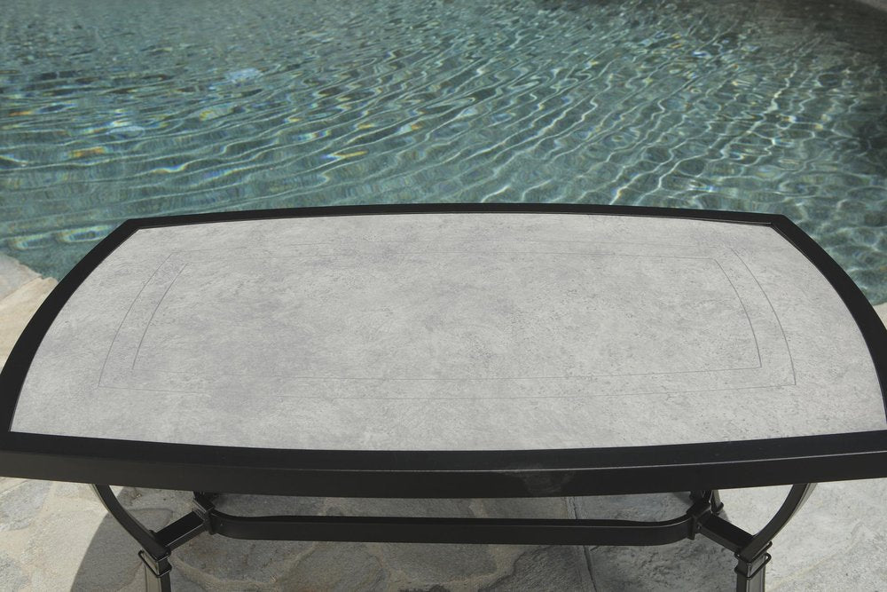 Four Piece Black and Light Gray Metal Outdoor Patio Set With Table
