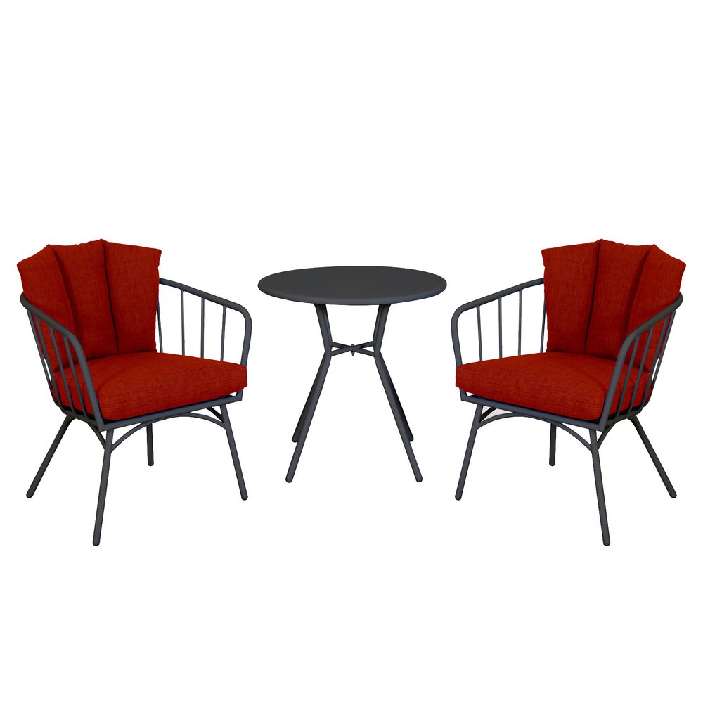 Black metal bistro set with two red cushioned chairs and a round table on a white background.