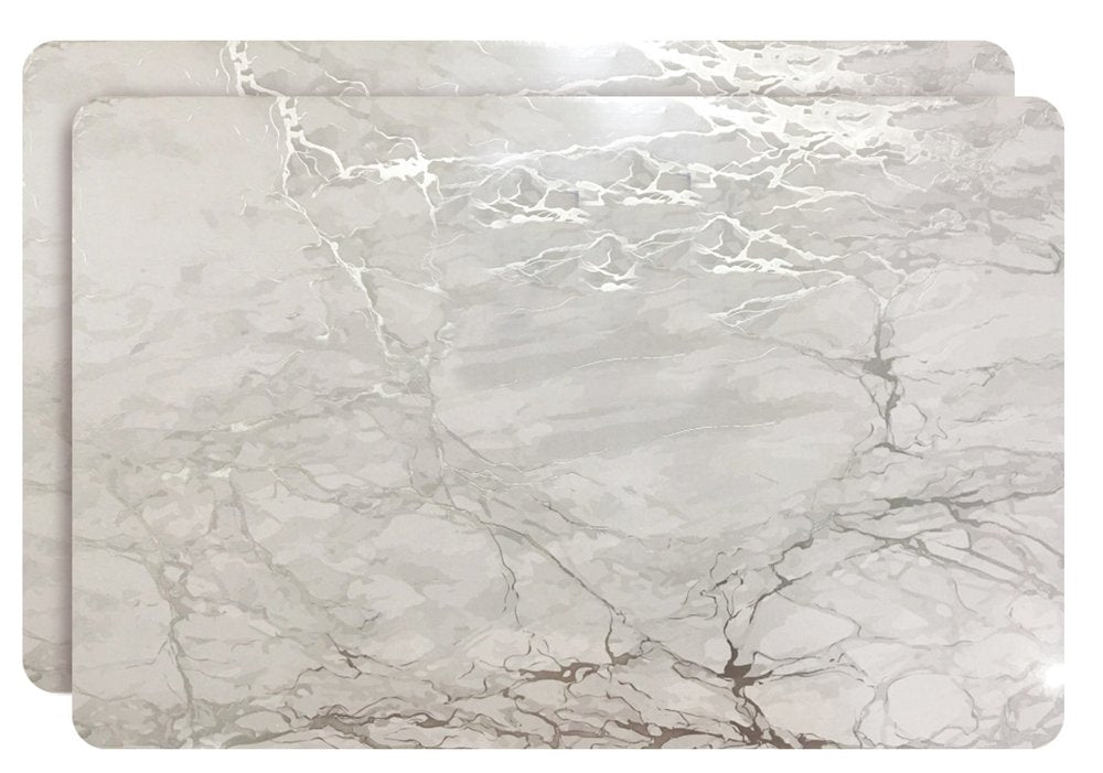 12" X 18" Silver And Gray Abstract Placemats. Dining linen isolated on a plain white background, finished in silver linen.