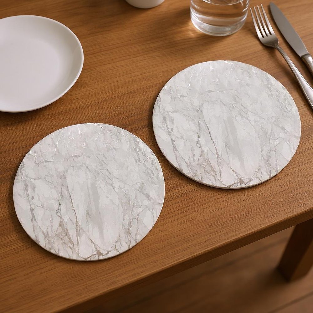 15" X 15" Silver And Gray Abstract Round Placemats. Dining linen in silver linen.