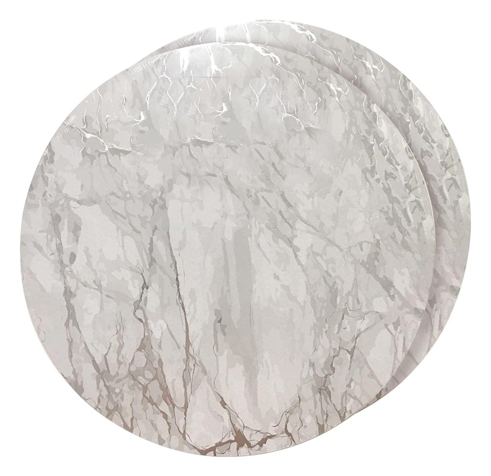 15" X 15" Silver And Gray Abstract Round Placemats. Dining linen isolated on a plain white background, showing a silver linen surface.