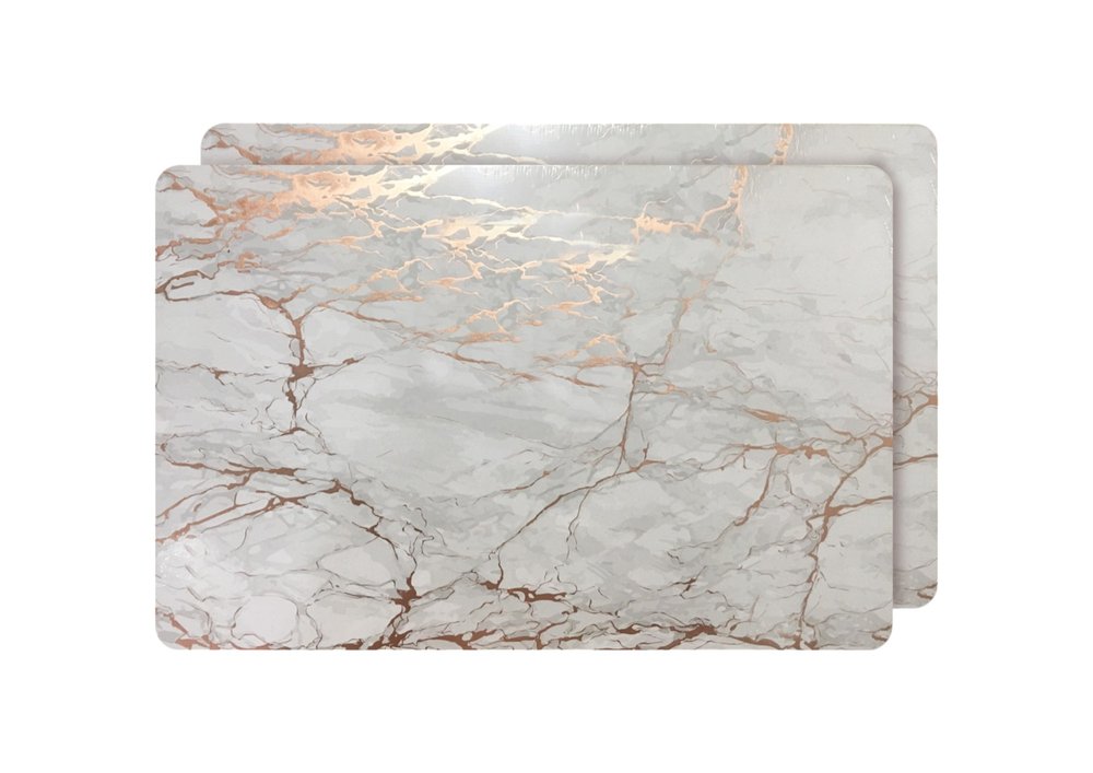 12" X 18" Gold And Silver Abstract Agglomerated cork Placemats. Dining linen isolated on a plain white background, showing a silver linen surface.