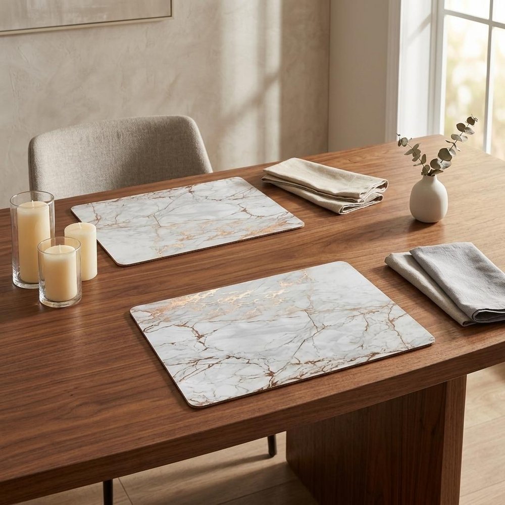 12" X 18" Gold And Silver Abstract Agglomerated cork Placemats styled in a furnished interior with a tan wall on a dark wood floor.