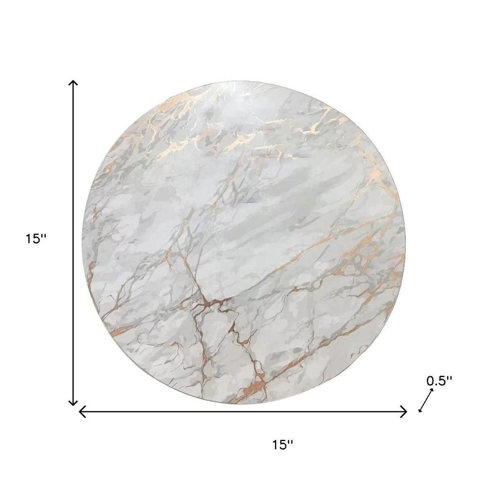 15" X 15" Gold Ivory And Gray Abstract Agglomerated cork Round Placemats. Dining linen isolated on a plain white background, showing a ivory linen surface.