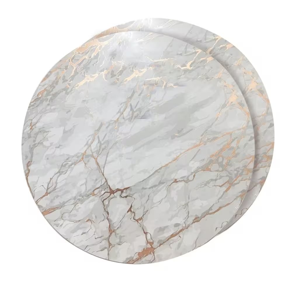 15" X 15" Gold Ivory And Gray Abstract Agglomerated cork Round Placemats. Dining linen isolated on a plain white background, in a ivory linen finish.