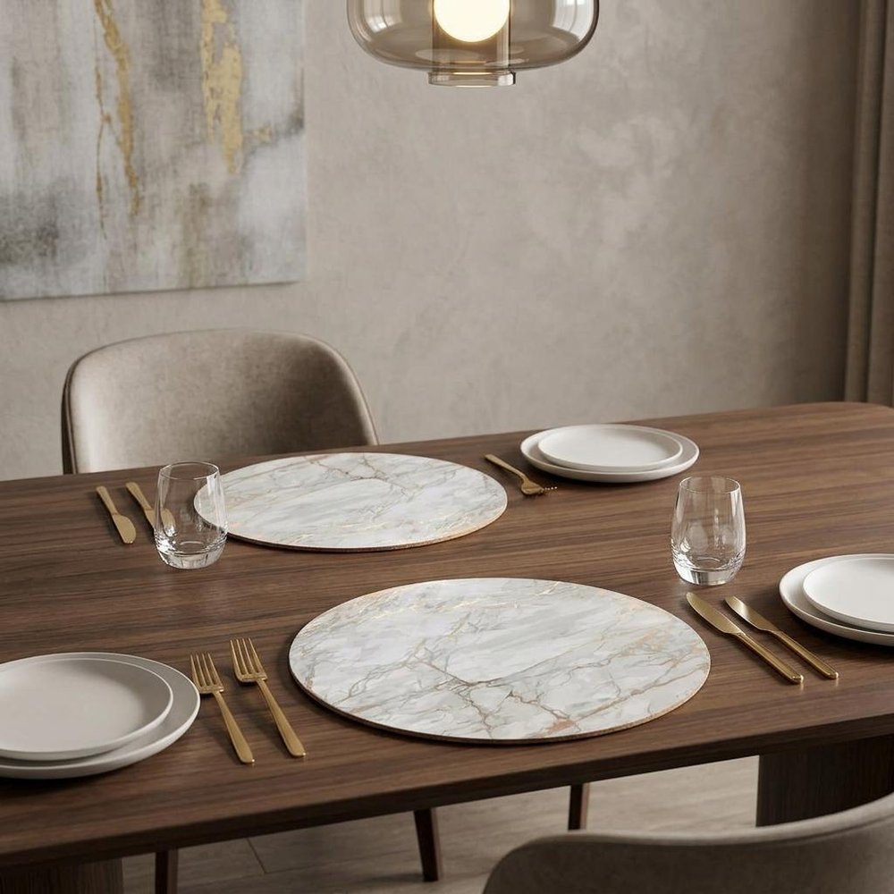 15" X 15" Gold Ivory And Gray Abstract Agglomerated cork Round Placemats styled in a furnished interior with a tan wall on a dark wood floor.