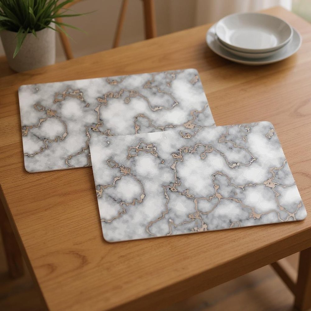 12" X 18" Gray And Gold Abstract Agglomerated cork Placemats styled in a furnished interior with a mahogany wall on a dark wood floor.