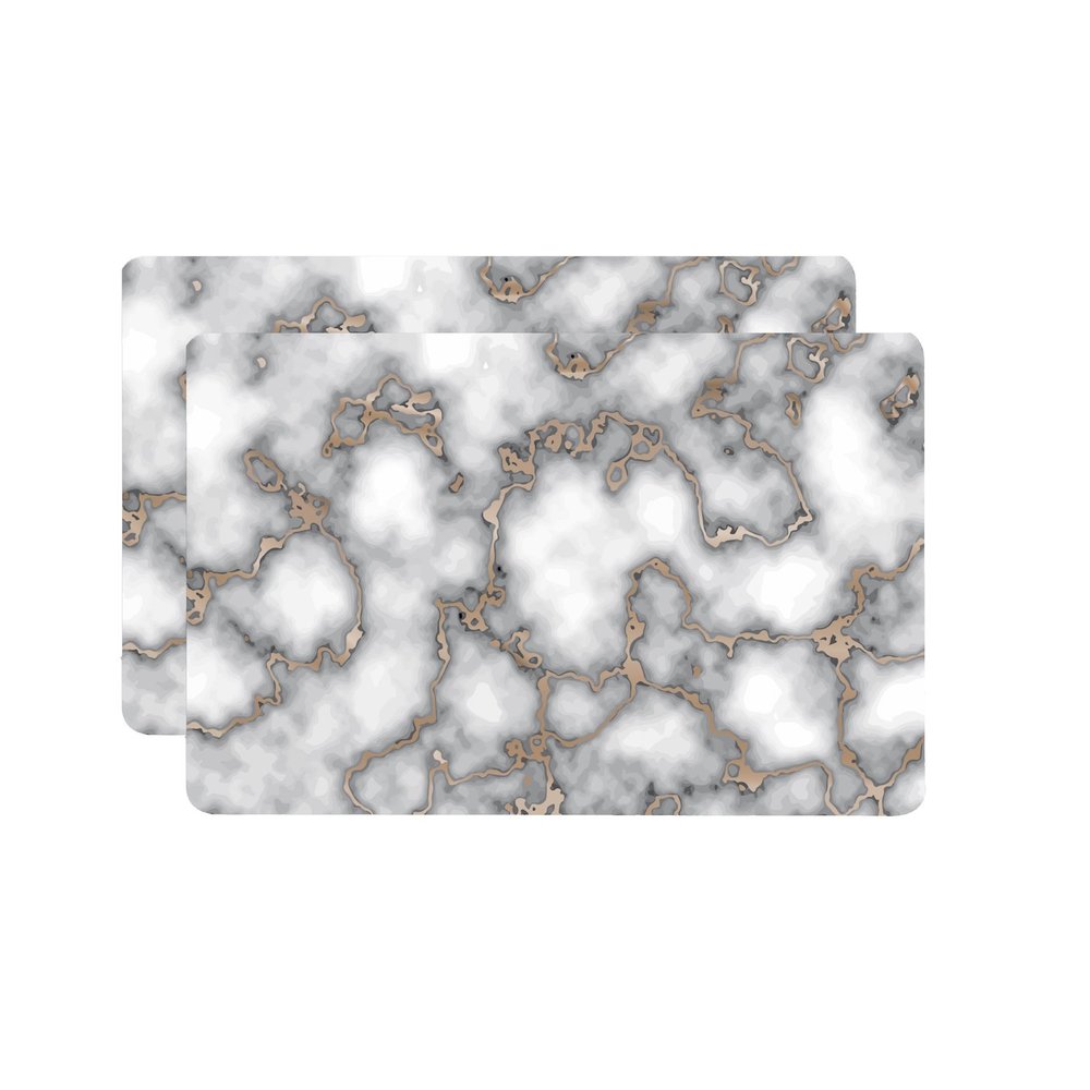 12" X 18" Gray And Gold Abstract Agglomerated cork Placemats. Dining linen isolated on a plain white background, finished in gray linen.