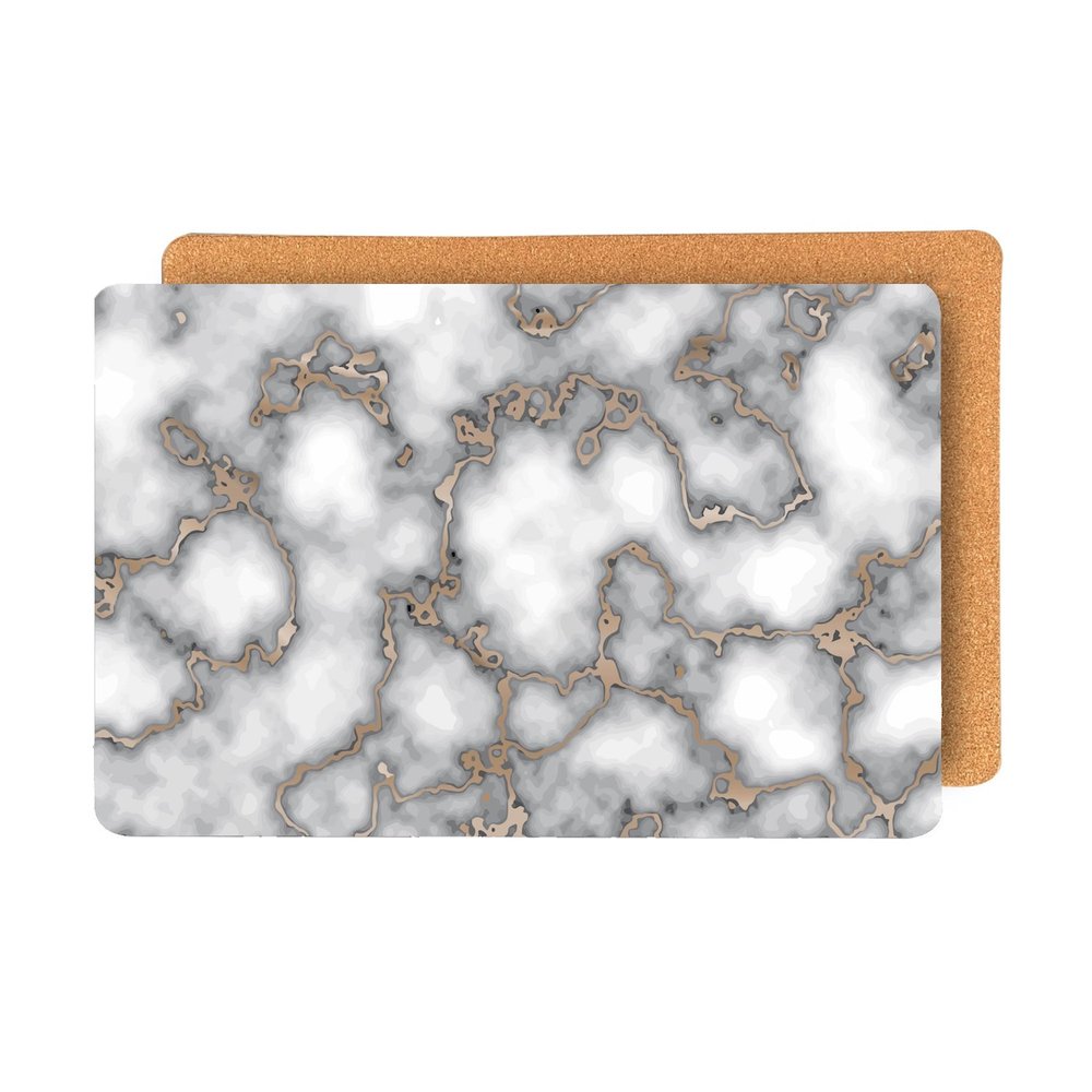12" X 18" Gray And Gold Abstract Agglomerated cork Placemats. Dining linen isolated on a plain white background, in a gray linen finish.